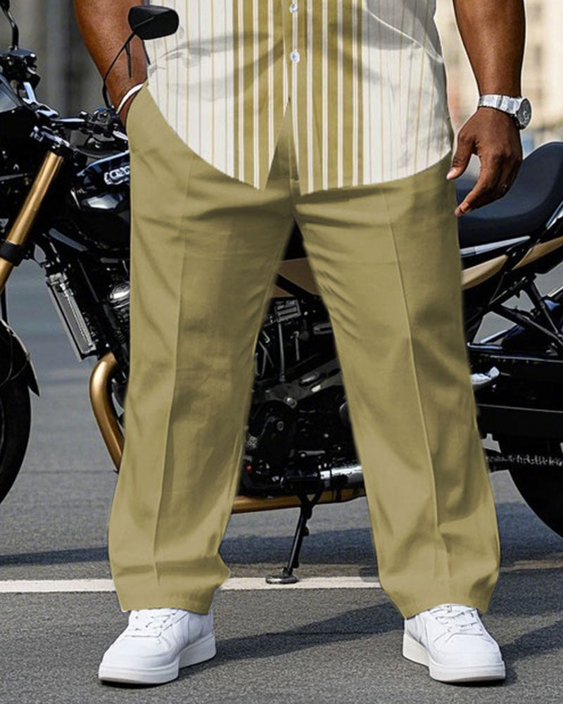 Men's Plus Size Fashion Apricot Striped & Yellow Striped Patchwork Short Sleeve Shirt Pants Suit