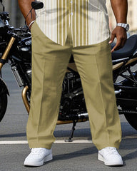 Men's Plus Size Fashion Apricot Striped & Yellow Striped Patchwork Short Sleeve Shirt Pants Suit