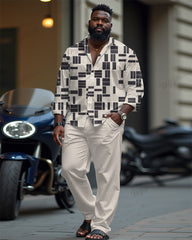 Apricot Geometric Simple Printed Long Sleeve Lapel Shirt 2 Piece Set Men's Plus Size