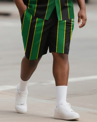 Big & Tall Men's Street Fashion Daily Casual Black Green Yellow Colorblock Striped Shirt Shorts Suit