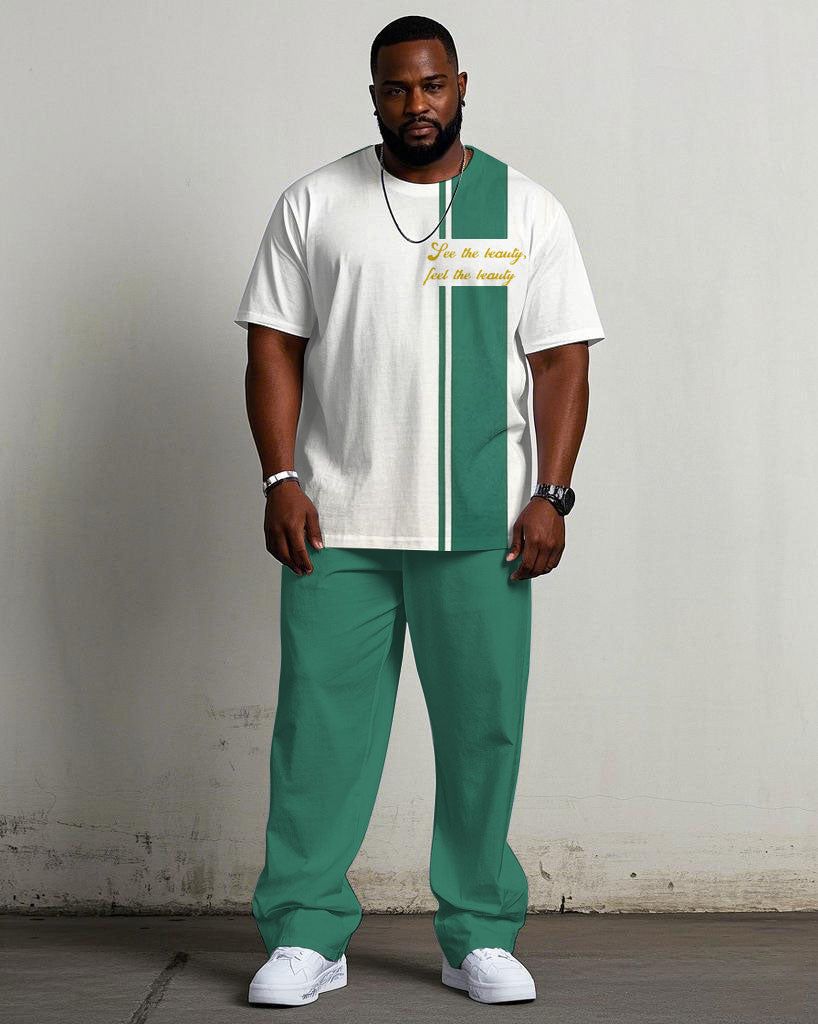 Men's Plus Size White & Blue Colorblock Printed Chest Short-sleeved T-shirt Trousers Suit
