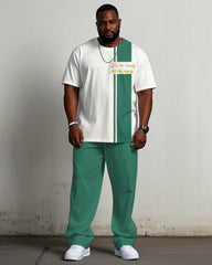 Men's Plus Size White & Blue Colorblock Printed Chest Short-sleeved T-shirt Trousers Suit
