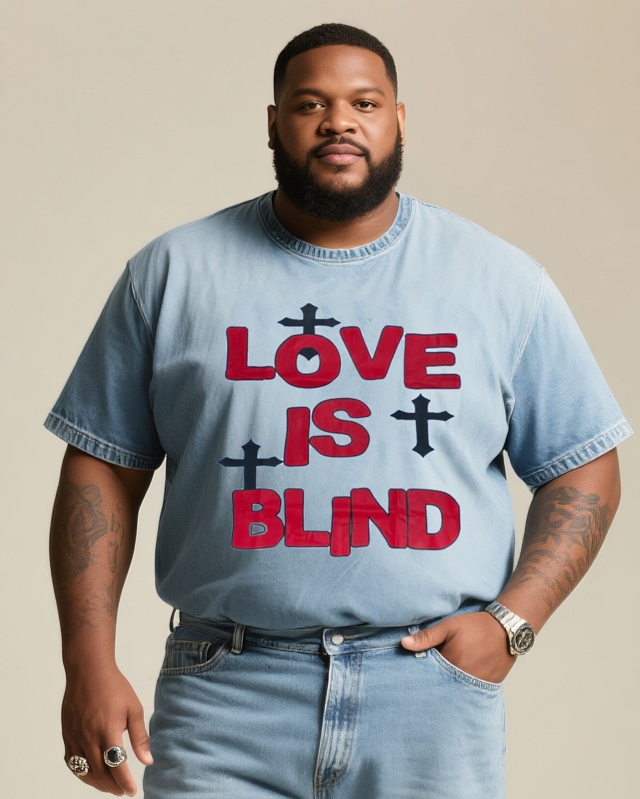 Big Shot Fashion Street Letter Love Is Blind Print Short Sleeve Shorts Denim Suit