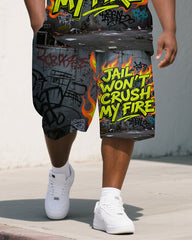 Men's Casual Jail Theme Letter in Fire Printed Relaxed Short-Sleeve Polo Shirt & Shorts Set