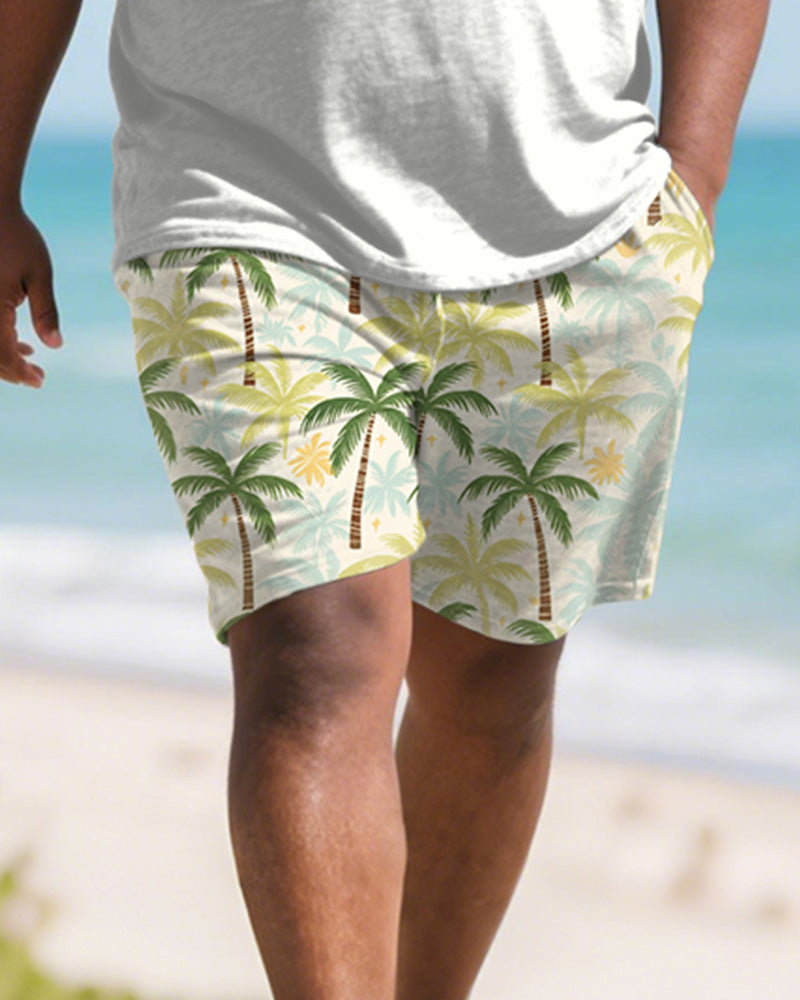 Men's Plus Size Green Coconut Tree Gradient Print Round Neck Short Sleeve T-Shirt Shorts Suit