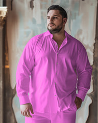 Men's Big & Tall Versatile Pure Pink Long Sleeve Lapel Shirt 2 Piece Set