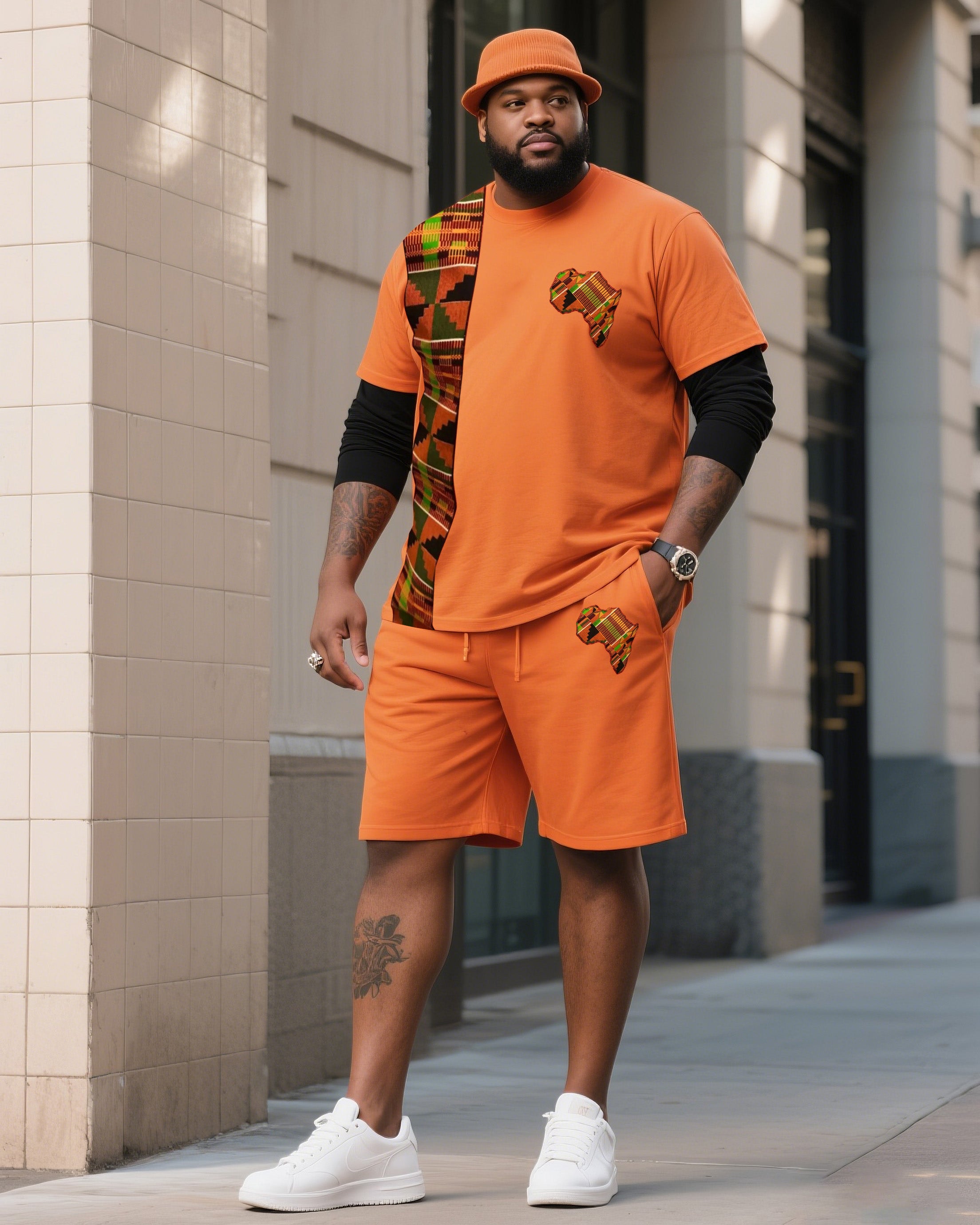 Men's Plus Size Hermes Orange Creative Stripe African Figure Print T-Shirt Shorts Suit