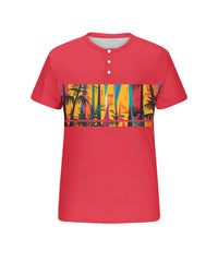 Men's Plus Size Hawaiian Red Coconut Tree Print Henry Collar Button Short Sleeve Tee
