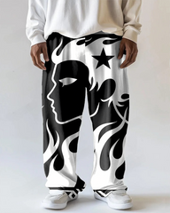 Big Men's Vintage Cartoon Character Profile Printed Casual Loose Pants with Pocket