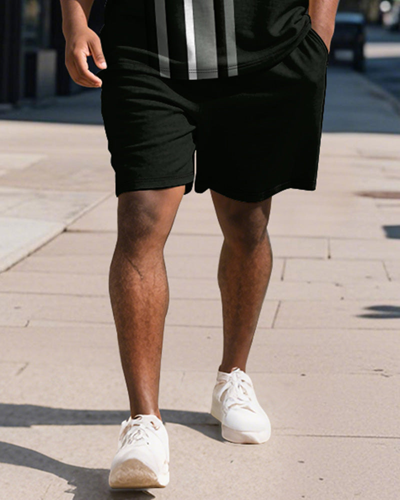 Men's Plus Size Business Black Stripe Print Short Sleeve Polo Shirt Shorts Suit