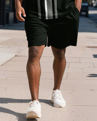 Men's Plus Size Business Black Stripe Print Short Sleeve Polo Shirt Shorts Suit