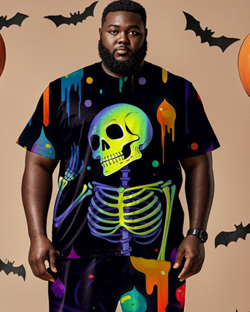 Halloween Colorful Skull Casual Short-sleeved T-shirt Plus Size Men's Suit