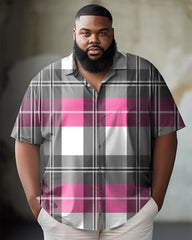 Men's Big & Tall Business Casual Pink And Gray Plaid Graphic Lapel Short-Sleeved Shirt