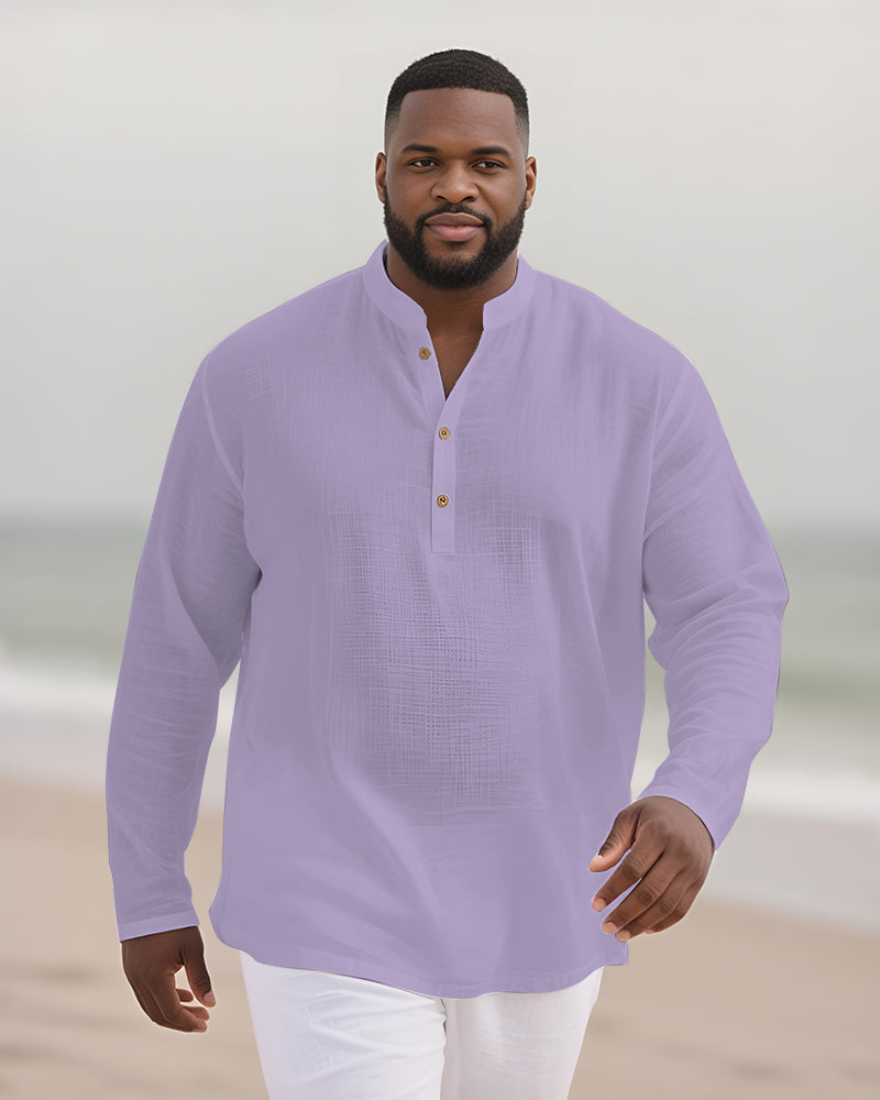 Big & Tall Men's Everyday Solid Color Bamboo Hemp Texture Henry Collar Long Sleeve Shirt