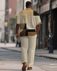Men's Plus Size Simple Khaki Brown Color Block Print Short Sleeve Shirt Trousers Suit