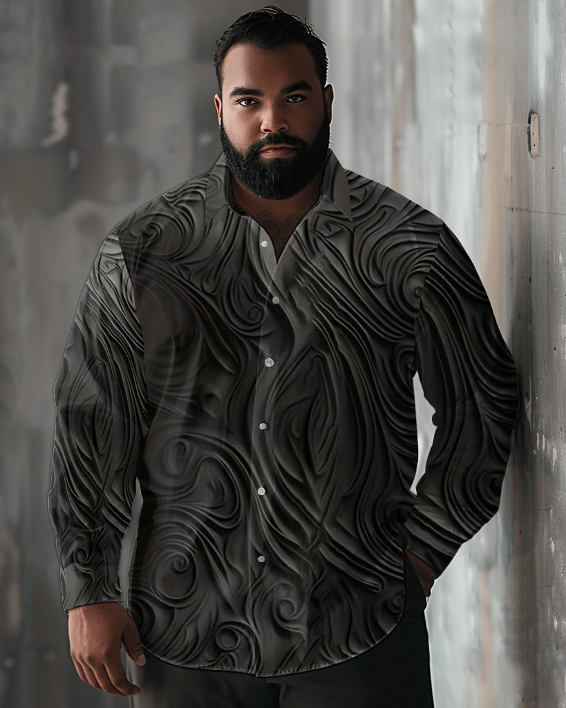 Big Men's Casual Three-dimensional Texture Printing Lapel Long Sleeve Shirt