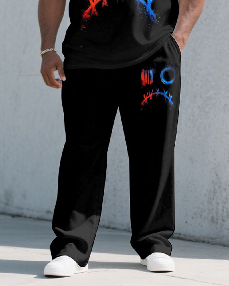 Men's Plus Size Fashion Street Black Chest Personality Graffiti Short Sleeve T-shirt Trousers Suit
