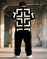 Big & Tall Men's Classic Khakis Black Geometric Print T-Shirt Pants Suit
