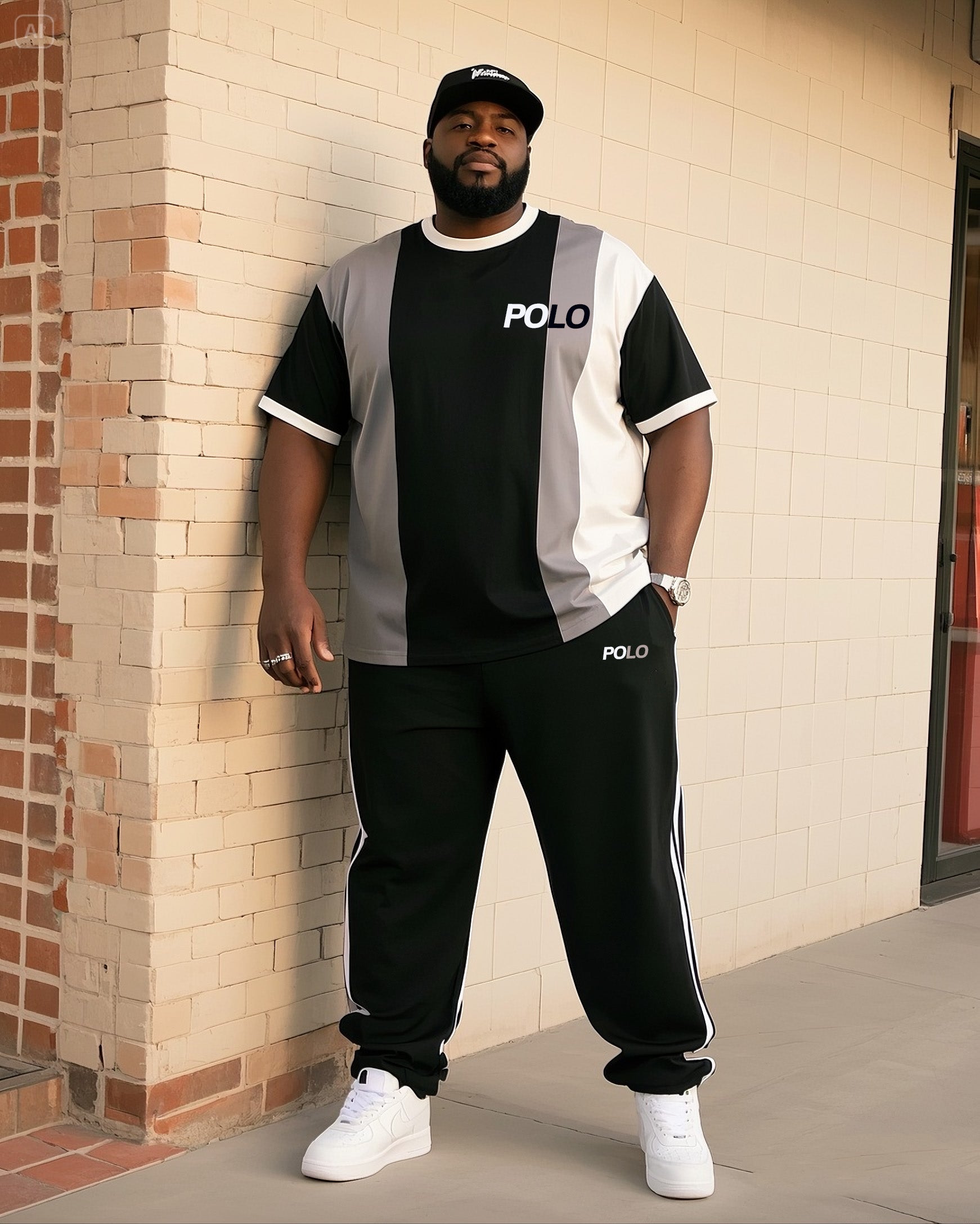Big Boy's Daily Casual Simple Classic Geometric Black And White Grey Color-matching Crewneck Short-sleeved T-shirt Striped Trousers