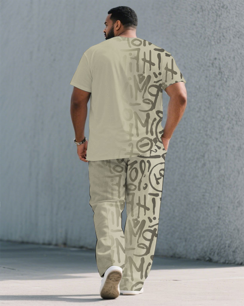 Men's Plus Size Fashion Street Khaki Graffiti Gradient Short Sleeve T-shirt Trousers Suit