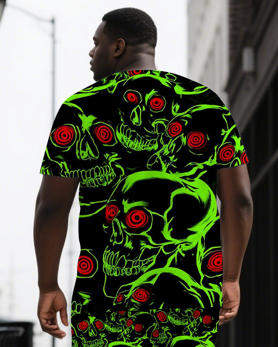 Bones Glow Hope Inside Big & Tall Men's Neon Skull Print Daily Causal Short Sleeve T-shirt & Shorts Set
