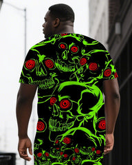 Bones Glow Hope Inside Big & Tall Men's Neon Skull Print Daily Causal Short Sleeve T-shirt & Shorts Set