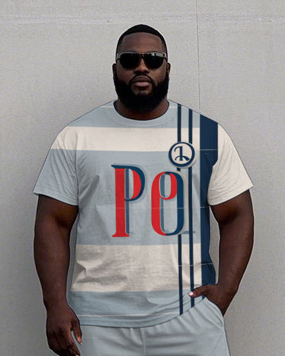 Men's Big Size Simple Stripe PO Printed Casual Short Sleeve T-Shirt and Shorts Set