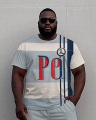 Men's Big Size Simple Stripe PO Printed Casual Short Sleeve T-Shirt and Shorts Set