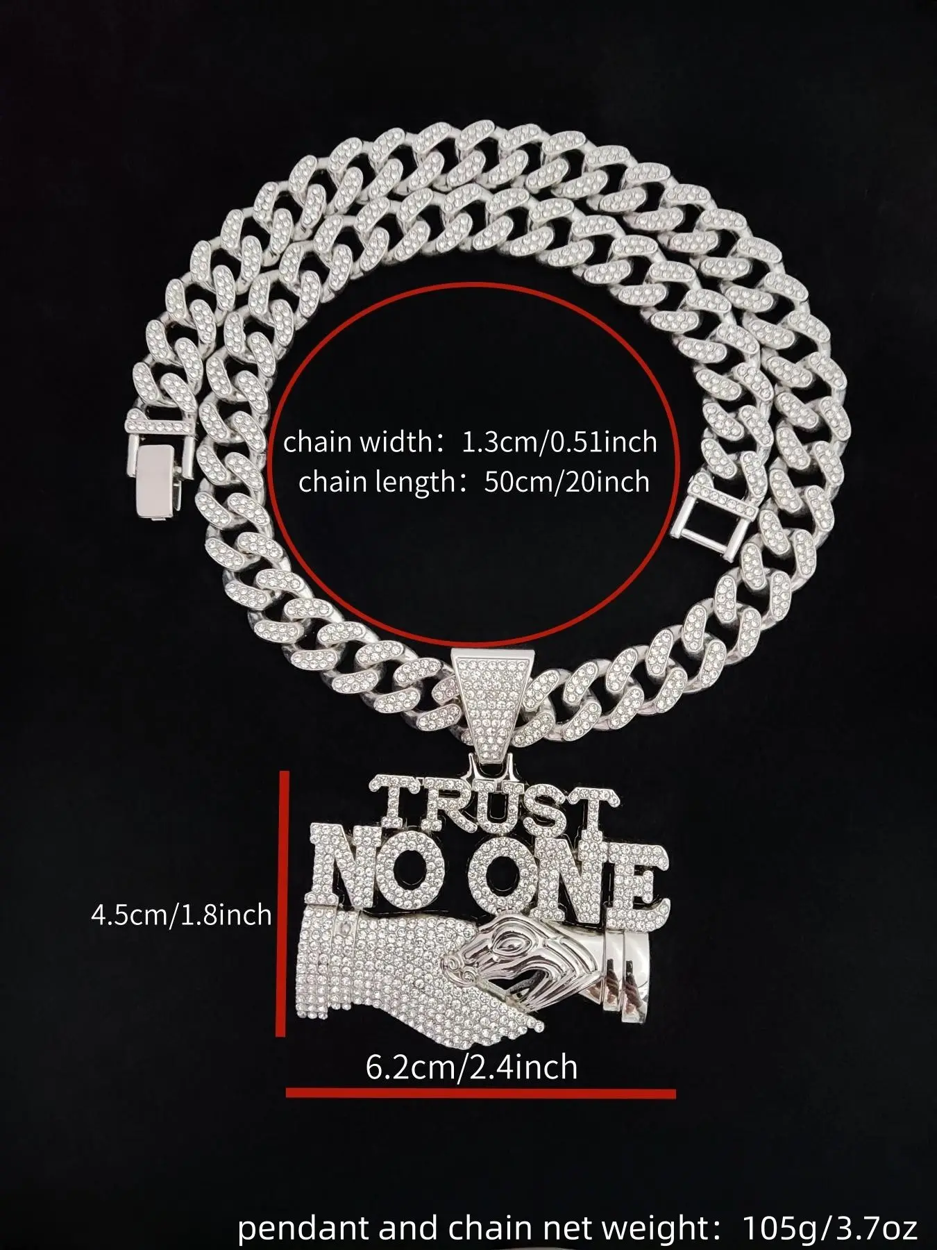 Big & Tall Men's Rhinestone Decorated Cuban Link Chain Necklace with Letter Handshake Shaped Pendant Design
