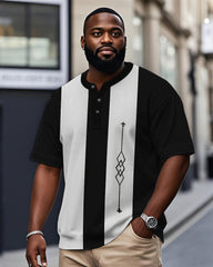 Men's Plus Size Daily Casual Black And White Striped Geometric Print Henry Collar Button Short Sleeve T-Shirt