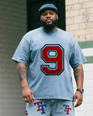 Plus Size Boy's Figure 9 Print Short Sleeve Shorts Denim Suit