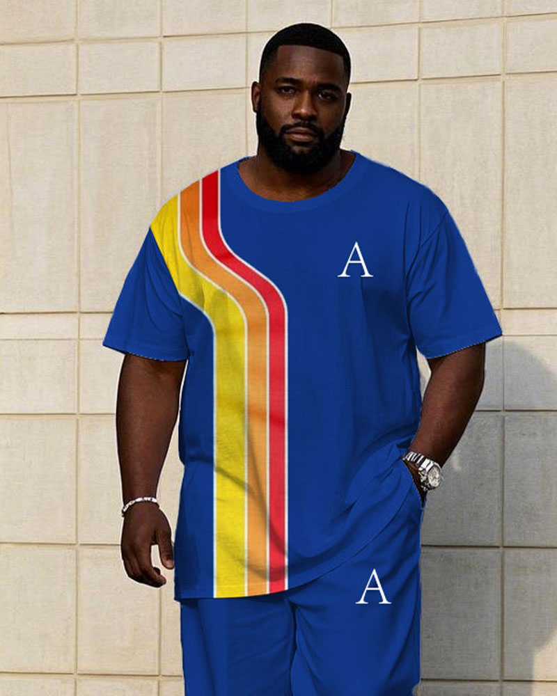 Men's Plus Size Rainbow Color Block Blue Short Sleeve T-shirt Trousers Suit