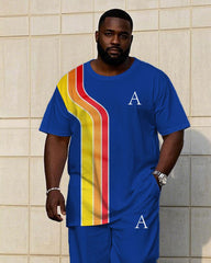 Men's Plus Size Rainbow Color Block Blue Short Sleeve T-shirt Trousers Suit