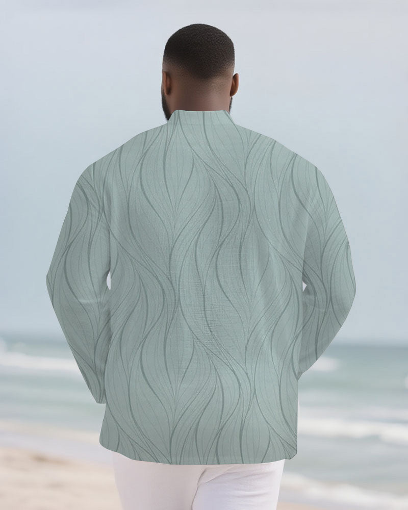 Big & Tall Men's Green Wave Stripe Print Bamboo Hemp Texture Henry Collar Long Sleeve Shirt