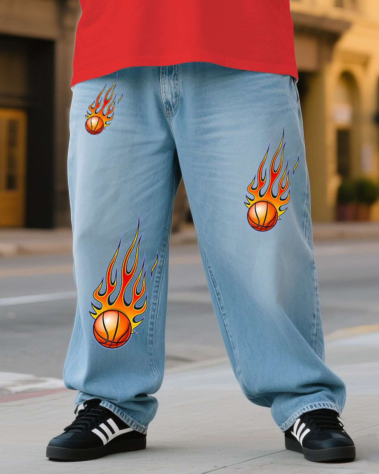 Plus Size Men's Chicago Bulls Creative Printed T-Shirt Denim Pants Suit