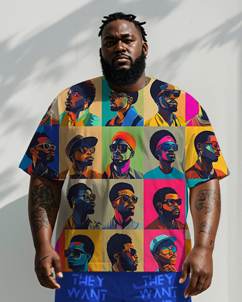 Men's Plus Size Street Fashion Colorblock Head "They Want Our Rhythm But Not Our Blues" Letter Printed T Shirt Shorts Suit