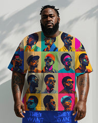 Men's Plus Size Street Fashion Colorblock Head "They Want Our Rhythm But Not Our Blues" Letter Printed T Shirt Shorts Suit