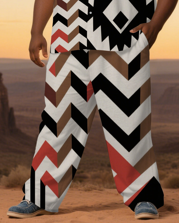 Big Men's Classic Geometric Pattern Western Style Casul Short-Sleeve Shirt Pants Sets
