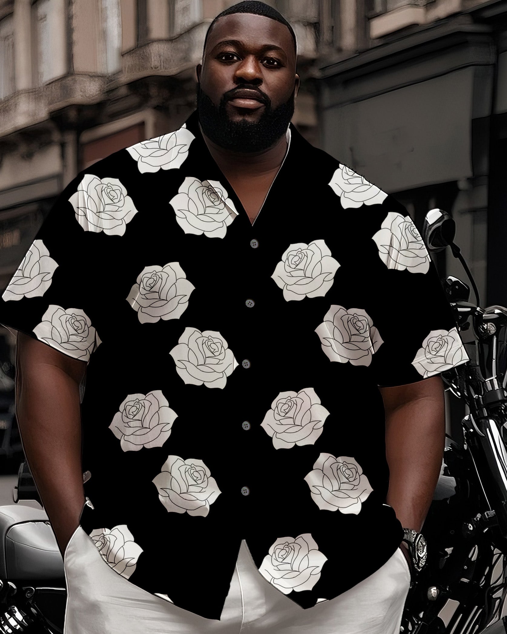 Big Man's Street Motorcycle Style White Rose Black Short Sleeve Shirt White Shorts Suit