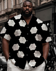 Big Man's Street Motorcycle Style White Rose Black Short Sleeve Shirt White Shorts Suit