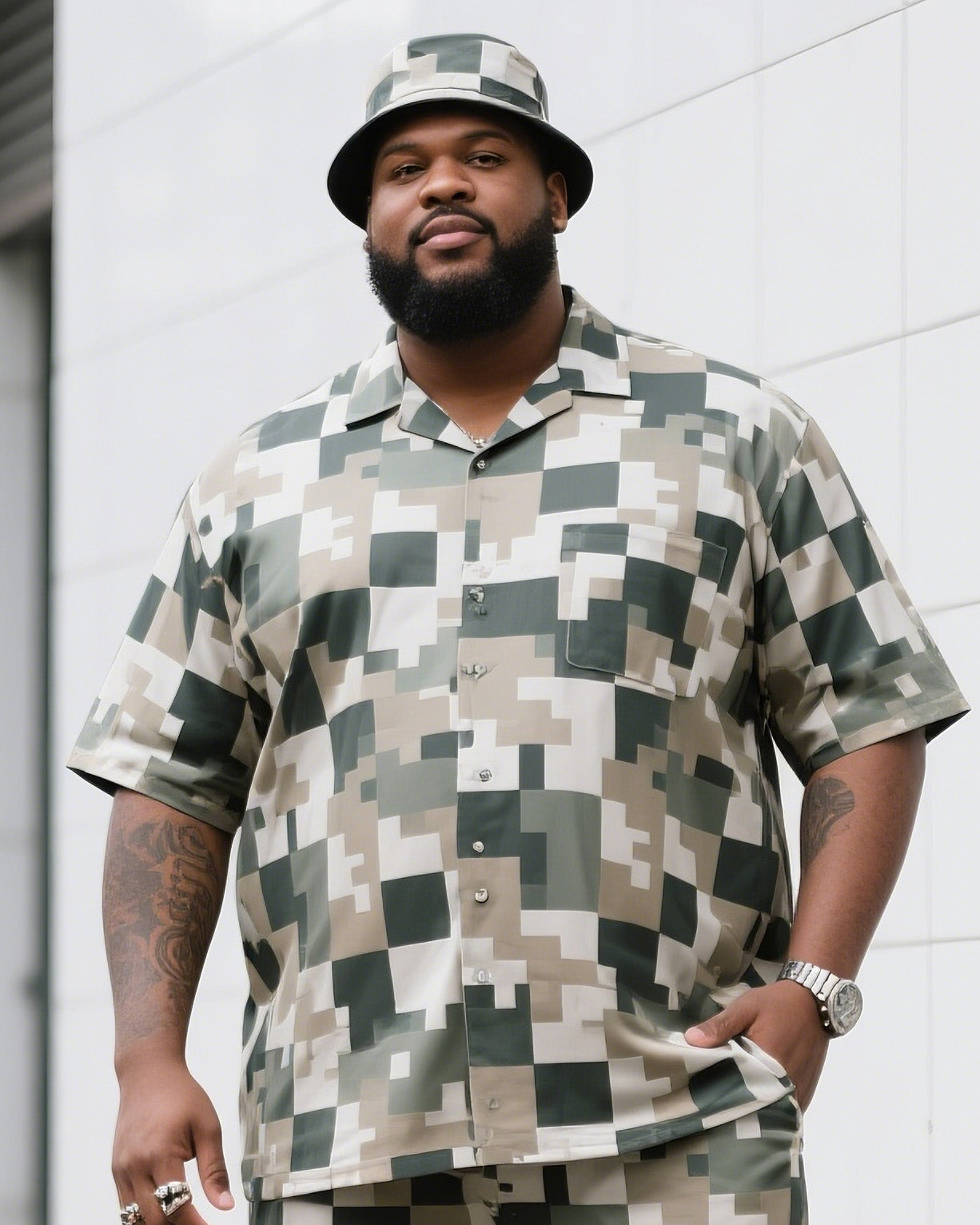 Big Man's Daily Leisure Outdoor Activities Design Creative Checkered Camouflage Short Sleeve Shirt Shorts Suit