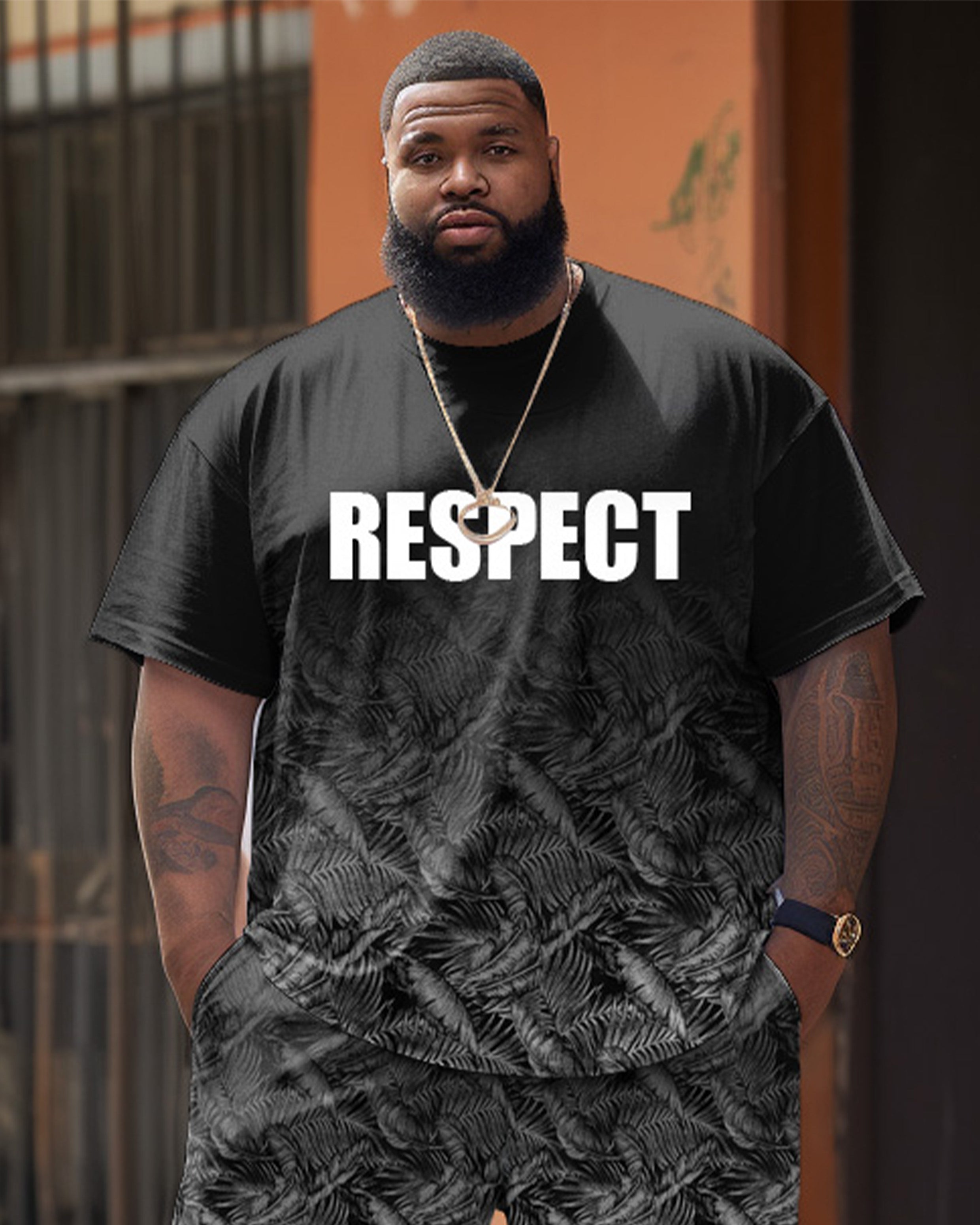 Black Gradient Texture Leaves Slogan "Respect" Printed T-Shirt Shorts Suit Men's Plus Size