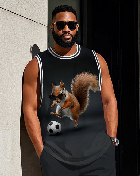 Men's Big Size Cute Cartoon Squirrel Playing Football Printed Basketball Vest and Shorts Set