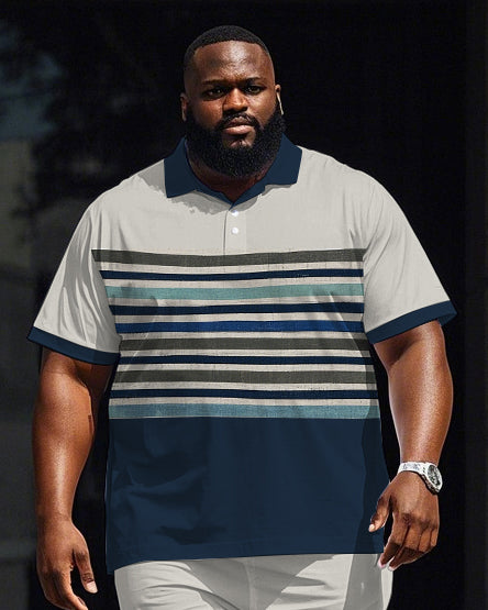 Big Men's Simple Blue Stripe Color Block Printed Short Sleeve Polo Shirt Shorts Set
