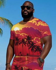 Big and Tall Men's Hawaiian Vibrant Sunset Coconut Trees Casual Printed Short Sleeve T-shirt and Shorts Set