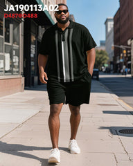 Men's Plus Size Business Black Stripe Print Short Sleeve Polo Shirt Shorts Suit