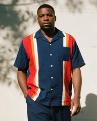 Big & Tall Men's Business Blue Colorblock Stripe Printed Pocket Short Sleeve Shirt Trousers Suit