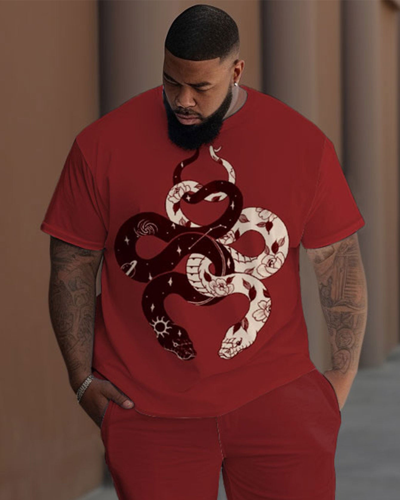 Men's Plus Size Street Fashion Snake Print T-Shirt Trousers Suit