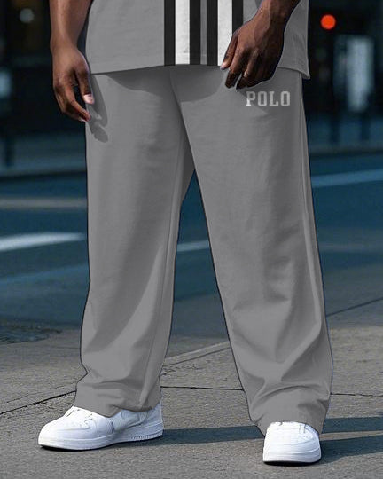 Big and Tall Men's Simple Double Stripe POLO Letter Printed Active Short Sleeve T-shirt Pants Set