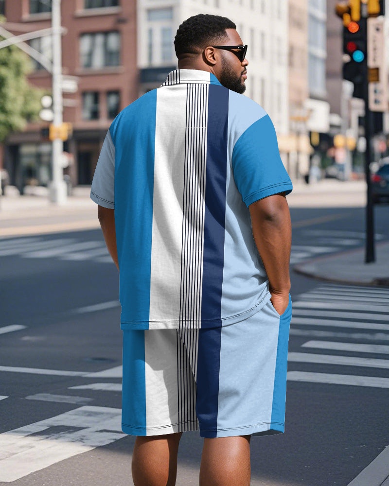 Men's Plus Size Business Blue Stripe Print Short Sleeve Polo Shirt Shorts Suit